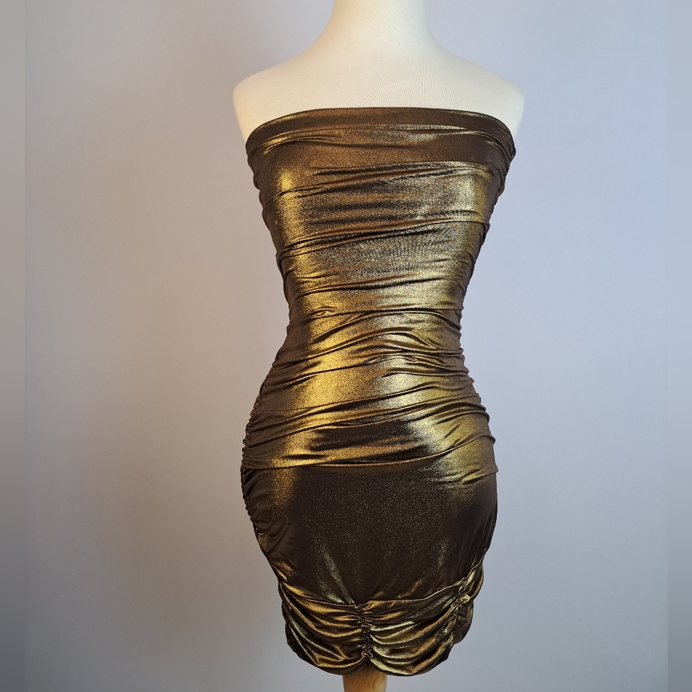 Metallic Bronze-Gold Stretch Ruched Mini Dress - Women's Small - Party or Prom
